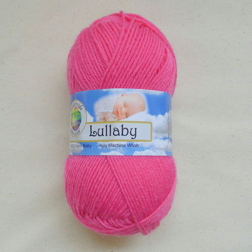 Ball of Lullaby 4 ply yarn with label on in the colour Bright Pink