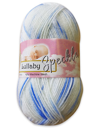 Ball of Lullaby Speckles 4 ply yarn with label on in the colour Bluey